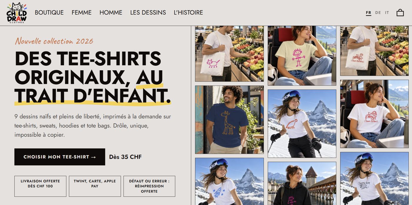 Page d’accueil de Child Draw Clothes : des tee-shirts originaux au trait d’enfant