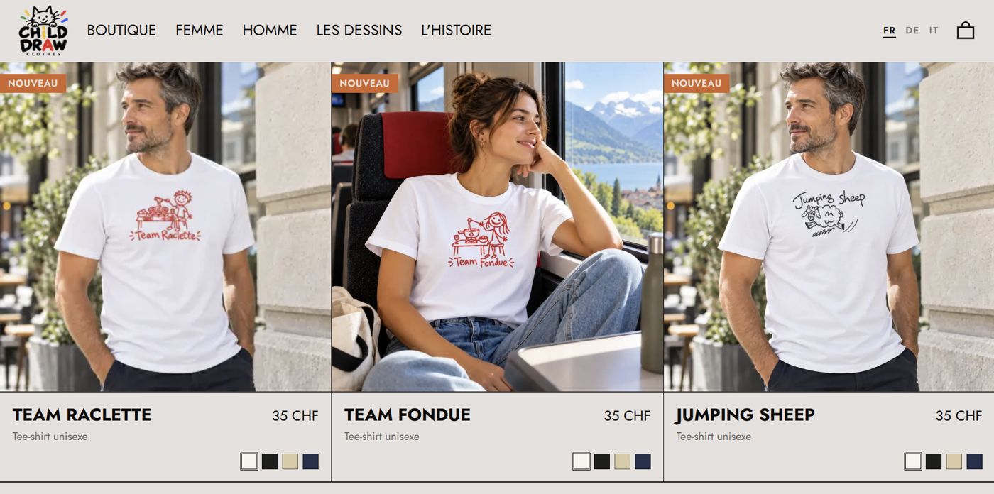 Boutique Child Draw Clothes : tee-shirts Team Raclette, Team Fondue et Jumping Sheep