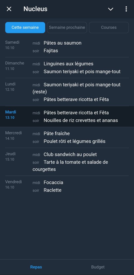 Mini-app Nucleus : menus de la semaine, midi et soir