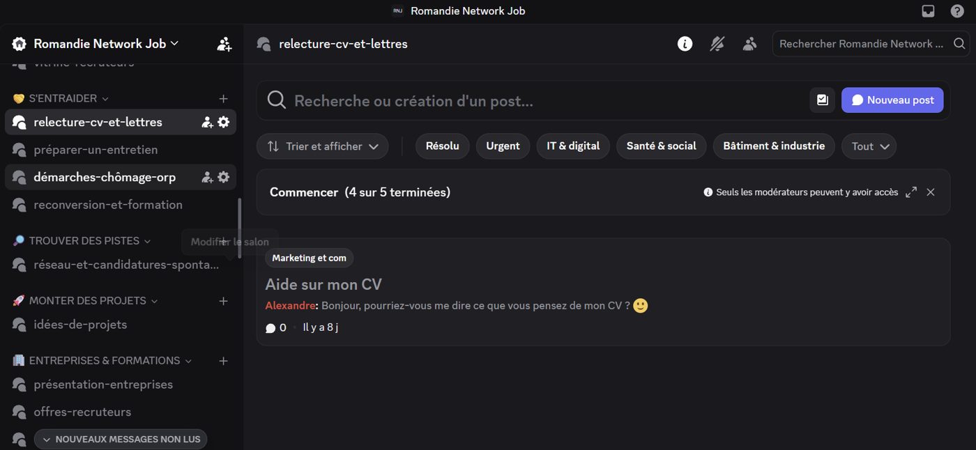 Forum Discord relecture-cv-et-lettres et catégories d’entraide du serveur